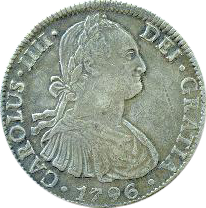 Obverse of Mexican Spanish colonial bust 8 reales